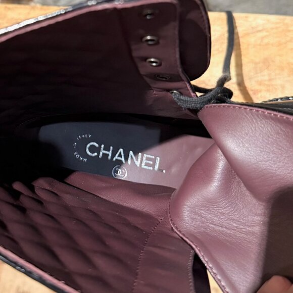 Chanel Glossy Black Pearl Chain CC Embellished Combat Boots - Picture 13 of 14